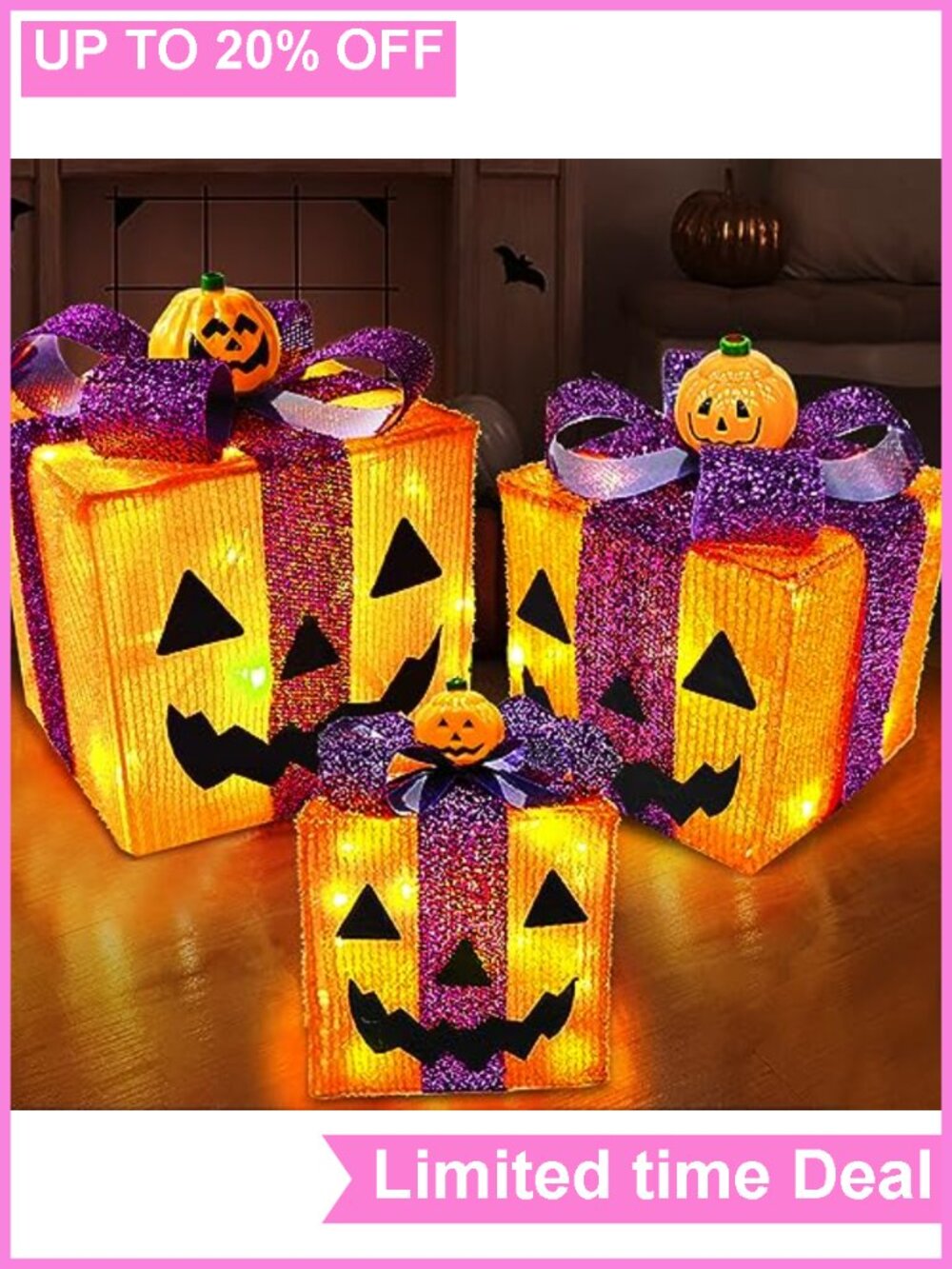 3 Pack Lighted Halloween Pumpkin Gift Boxes 8 Modes Timer 60 LED Decor